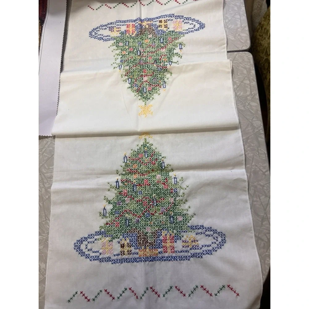 Completed Cross Stitch Christmas Tree Dresser Scarf Table Runner and 4 napkins